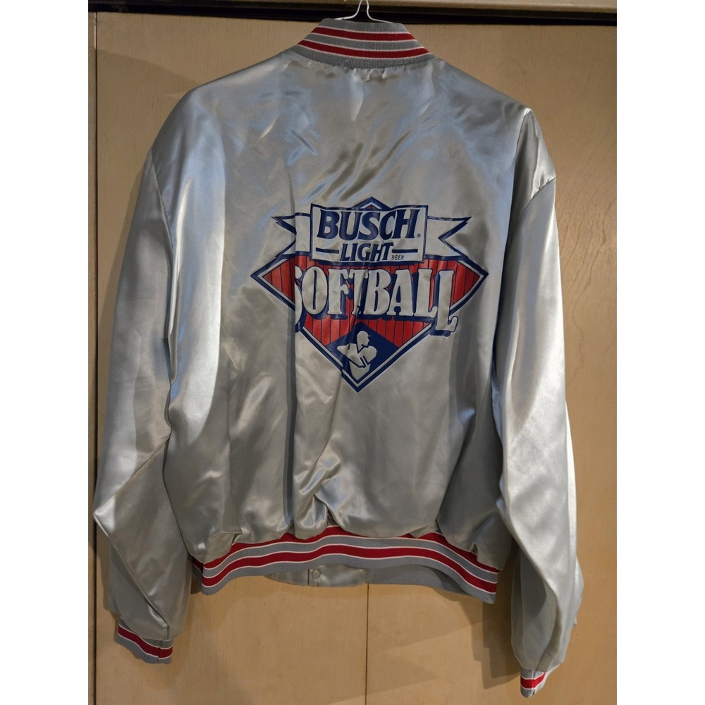Vintage Swingster Busch Light Beer Softball Satin Jacket Silver USA Made XL
